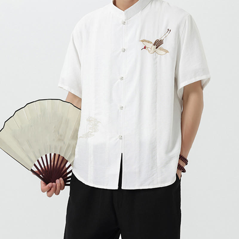 Buddha Stones Vintage Embroidery Buttons Half Sleeve Design Stand Collar Men's Cotton Shirt - image 16