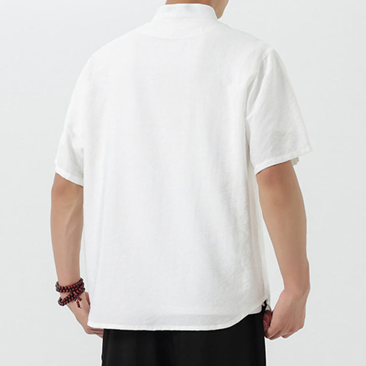 Buddha Stones Vintage Embroidery Buttons Half Sleeve Design Stand Collar Men's Cotton Shirt - image 14