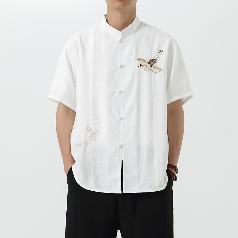 Buddha Stones Vintage Embroidery Buttons Half Sleeve Design Stand Collar Men's Cotton Shirt - White - US/UK/AU42,EU52 (3XL) - image 9