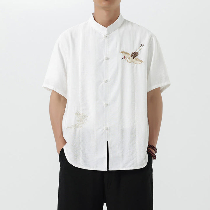 Buddha Stones Vintage Embroidery Buttons Half Sleeve Design Stand Collar Men's Cotton Shirt - White - US/UK/AU42,EU52 (3XL) - image 9