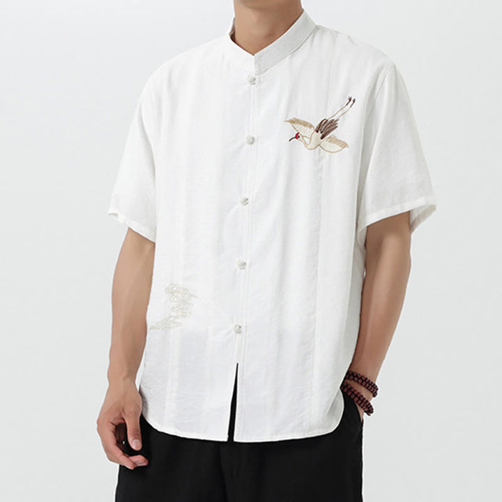 Buddha Stones Vintage Embroidery Buttons Half Sleeve Design Stand Collar Men's Cotton Shirt - image 13