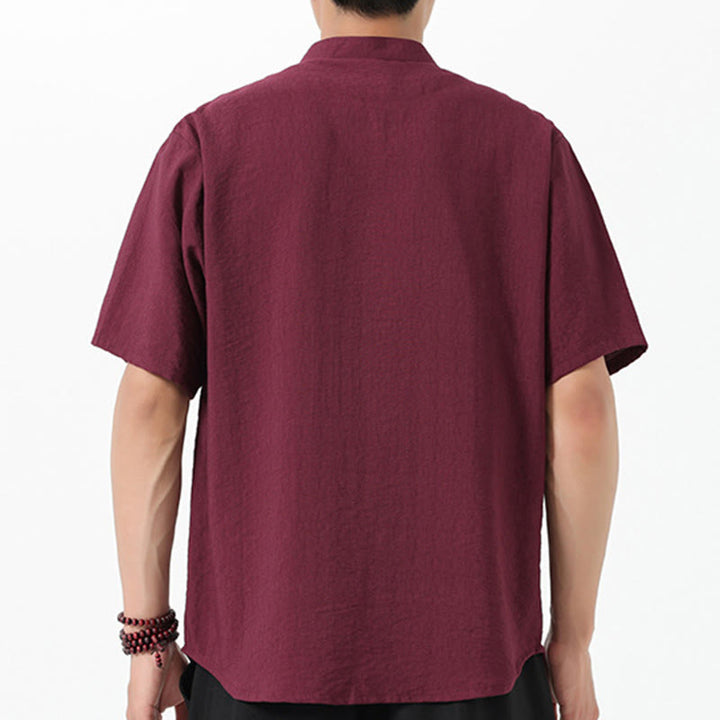 Buddha Stones Vintage Embroidery Buttons Half Sleeve Design Stand Collar Men's Cotton Shirt - image 4