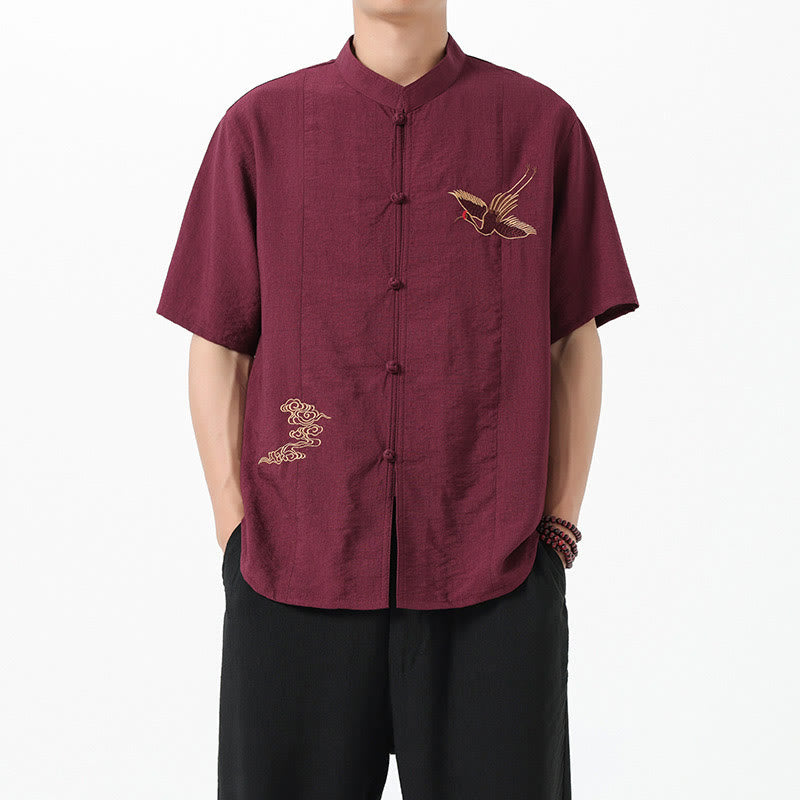 Buddha Stones Vintage Embroidery Buttons Half Sleeve Design Stand Collar Men's Cotton Shirt - image 2