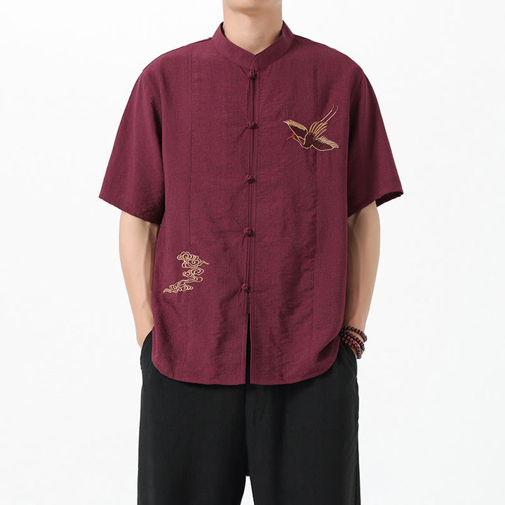 Buddha Stones Vintage Embroidery Buttons Half Sleeve Design Stand Collar Men's Cotton Shirt - image 2