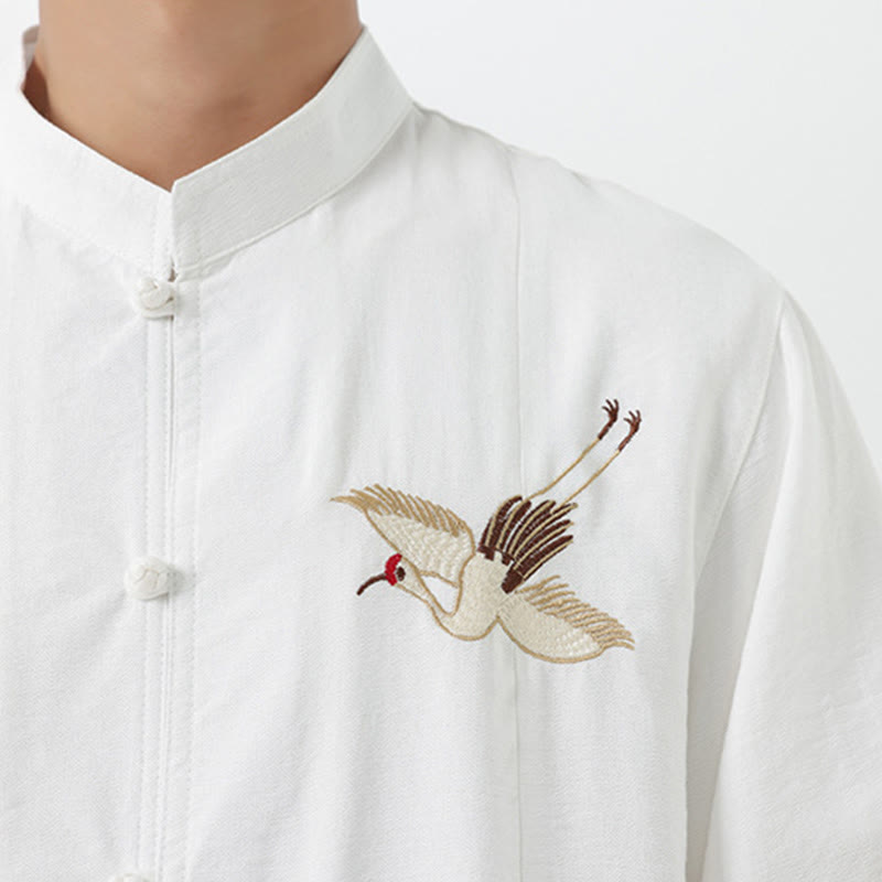 Buddha Stones Vintage Embroidery Buttons Half Sleeve Design Stand Collar Men's Cotton Shirt - image 18