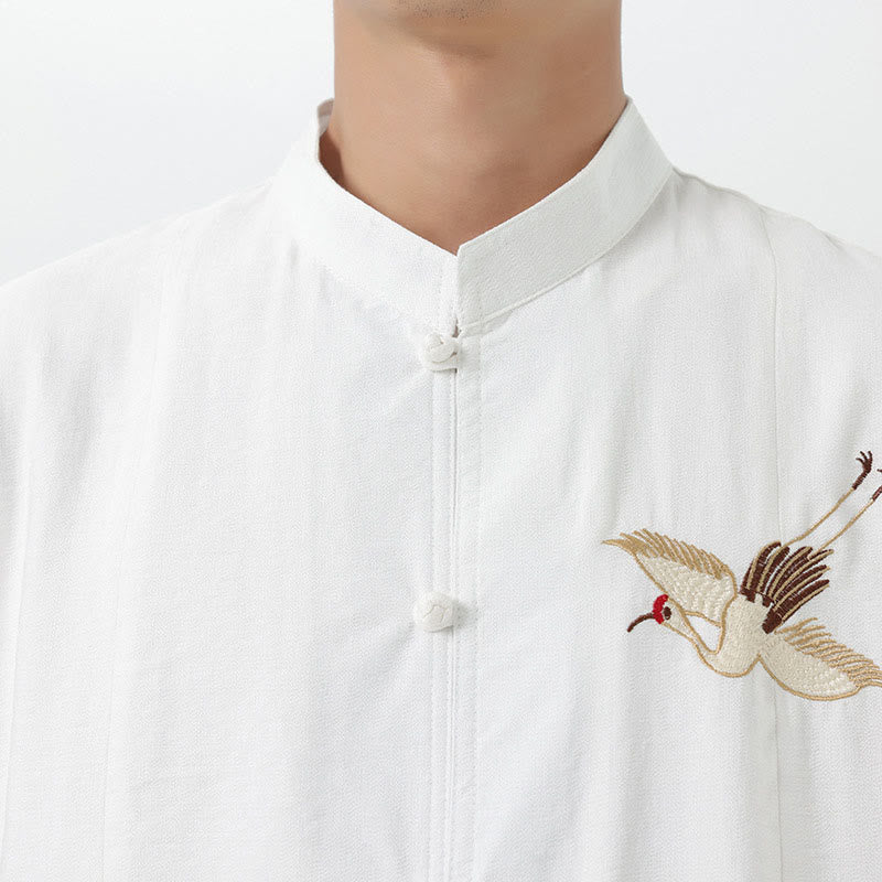 Buddha Stones Vintage Embroidery Buttons Half Sleeve Design Stand Collar Men's Cotton Shirt - image 17