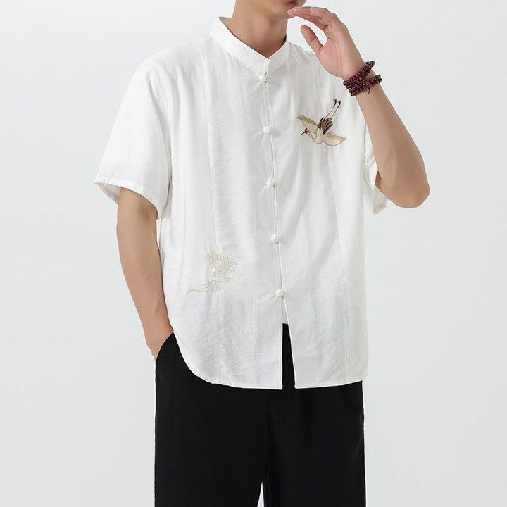 Buddha Stones Vintage Embroidery Buttons Half Sleeve Design Stand Collar Men's Cotton Shirt - image 12