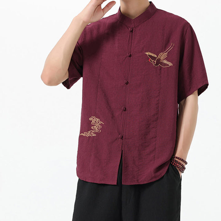 Buddha Stones Vintage Embroidery Buttons Half Sleeve Design Stand Collar Men's Cotton Shirt - image 3