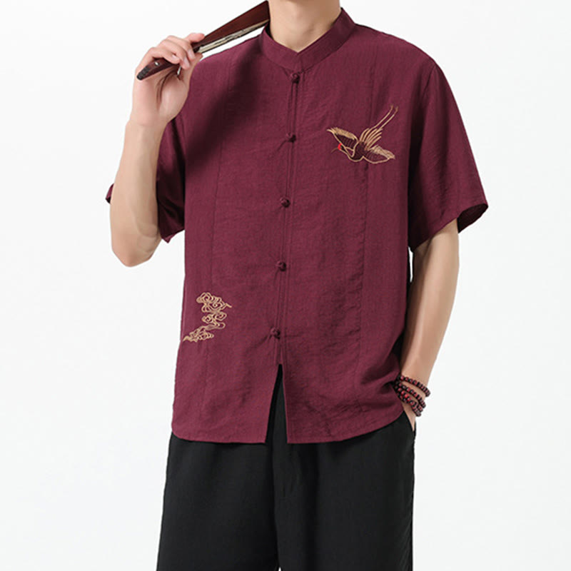 Buddha Stones Vintage Embroidery Buttons Half Sleeve Design Stand Collar Men's Cotton Shirt - image 5
