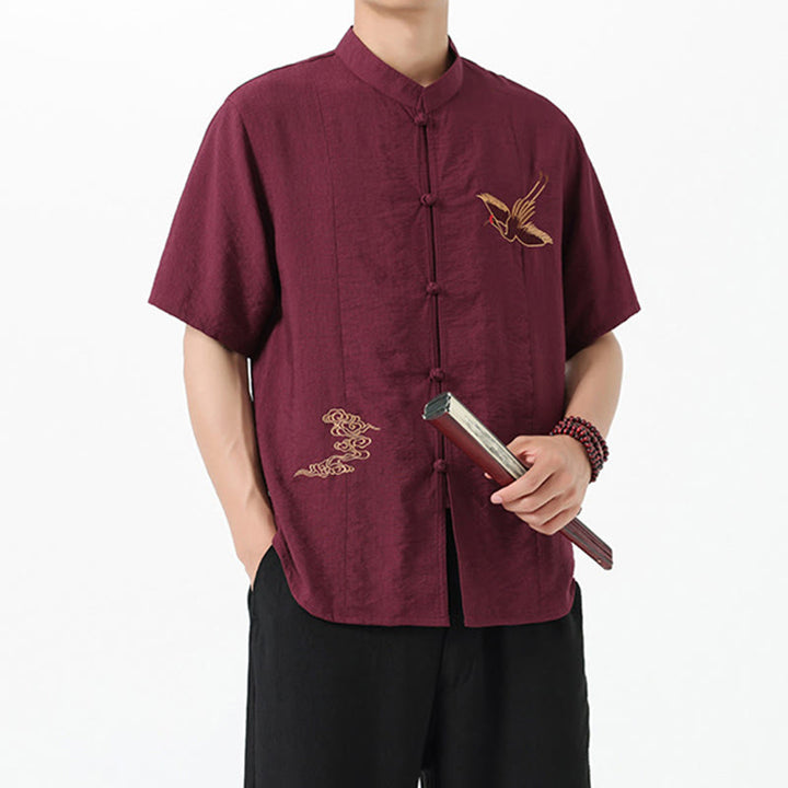 Buddha Stones Vintage Embroidery Buttons Half Sleeve Design Stand Collar Men's Cotton Shirt - image 6