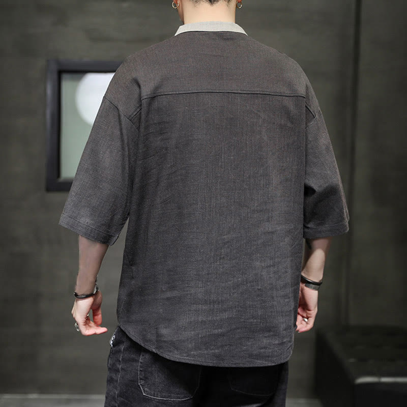 Buddha Stones Summer Half Buttons Color Matching Design Half Sleeve Men's Cotton Linen Shirt