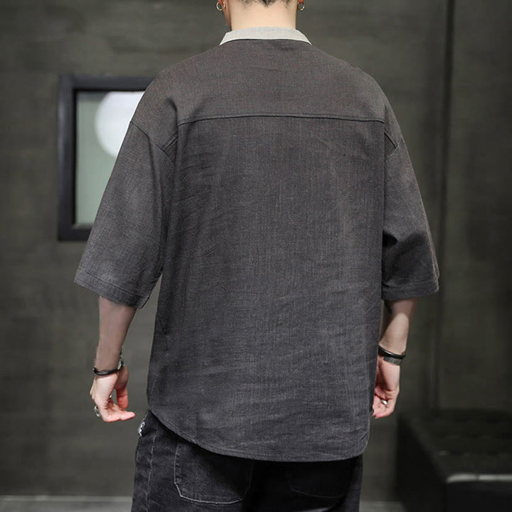 Buddha Stones Summer Half Buttons Color Matching Design Half Sleeve Men's Cotton Linen Shirt