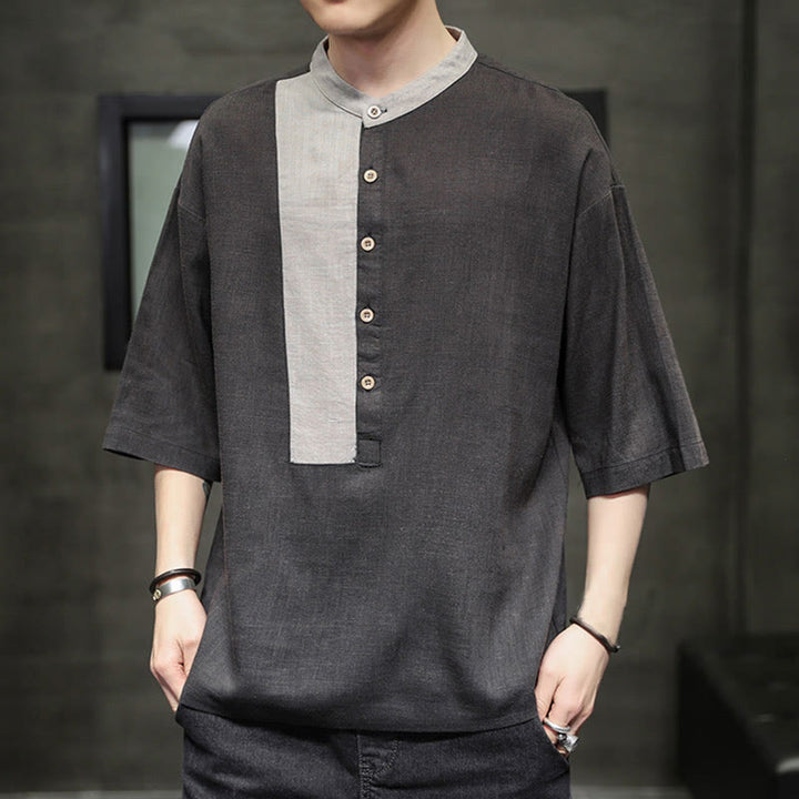 Buddha Stones Summer Half Buttons Color Matching Design Half Sleeve Men's Cotton Linen Shirt