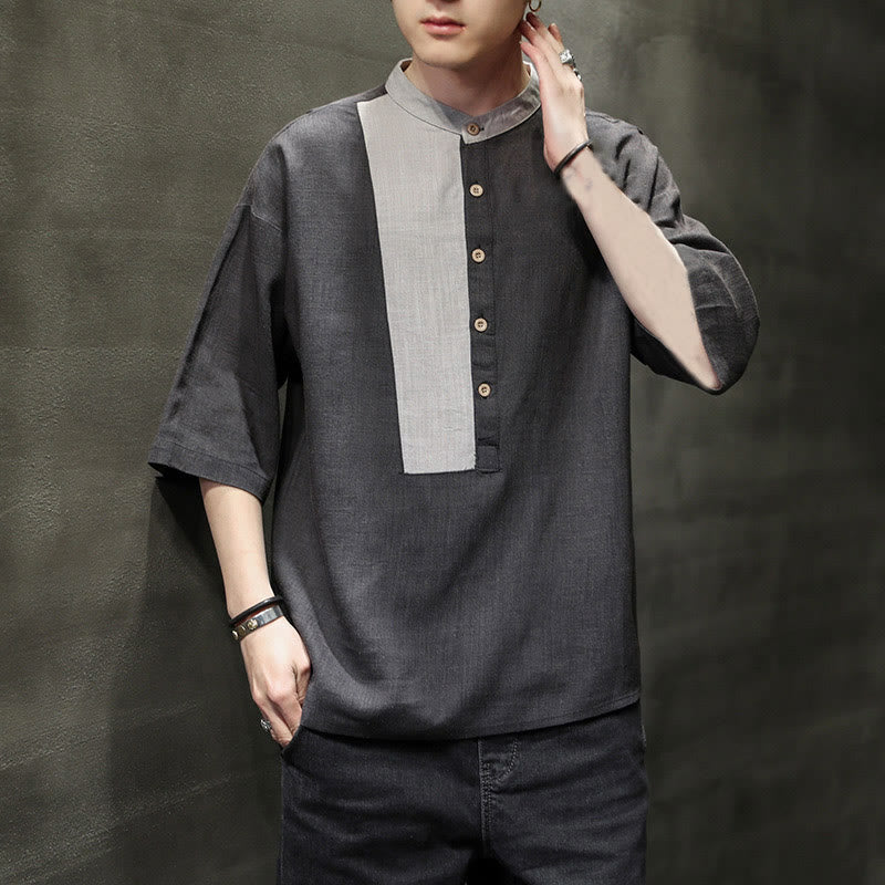 Buddha Stones Summer Half Buttons Color Matching Design Half Sleeve Men's Cotton Linen Shirt