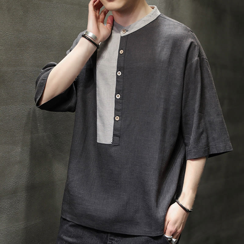 Buddha Stones Summer Half Buttons Color Matching Design Half Sleeve Men's Cotton Linen Shirt