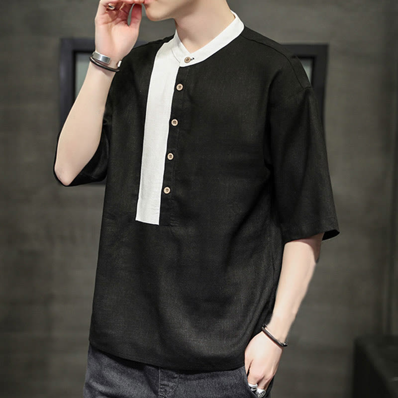 Buddha Stones Summer Half Buttons Color Matching Design Half Sleeve Men's Cotton Linen Shirt