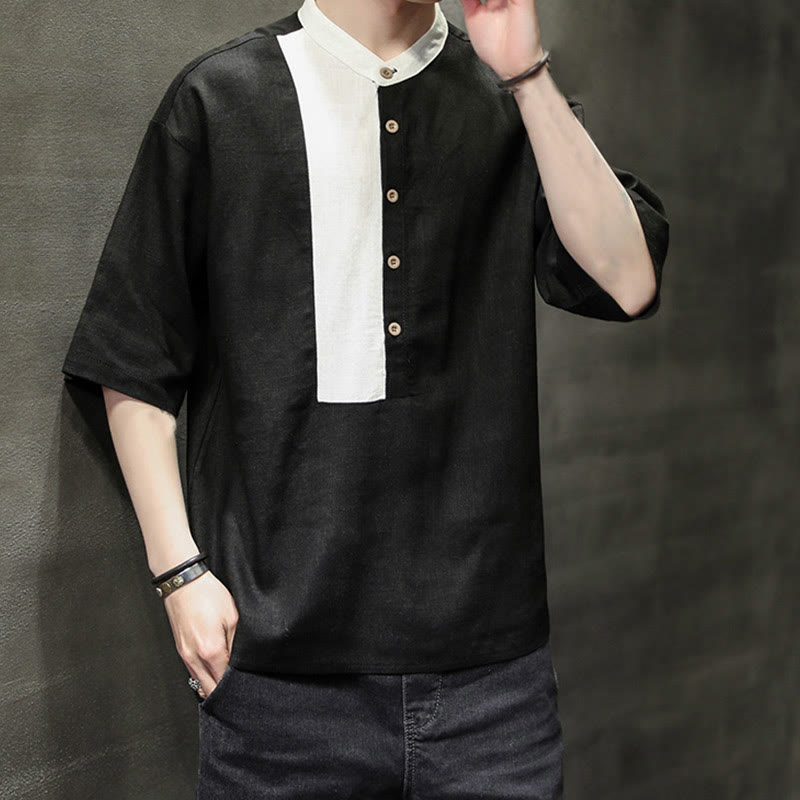 Buddha Stones Summer Half Buttons Color Matching Design Half Sleeve Men's Cotton Linen Shirt
