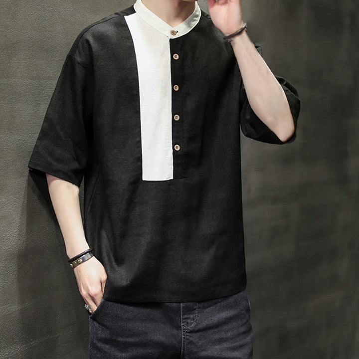 Buddha Stones Summer Half Buttons Color Matching Design Half Sleeve Men's Cotton Linen Shirt