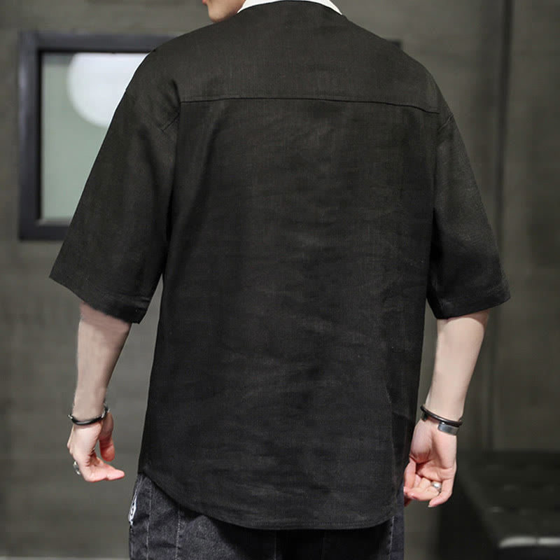 Buddha Stones Summer Half Buttons Color Matching Design Half Sleeve Men's Cotton Linen Shirt