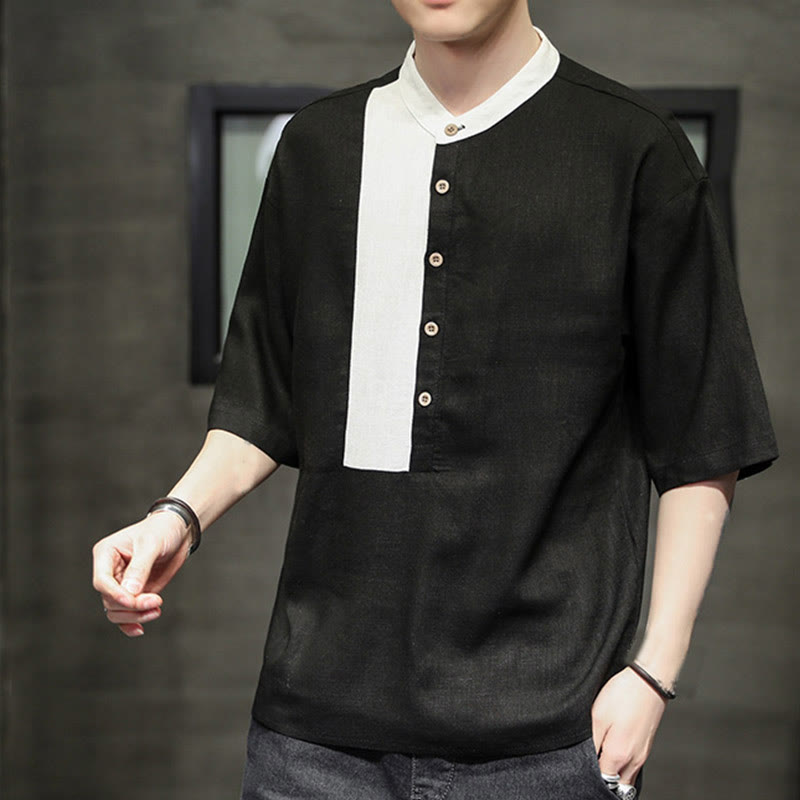 Buddha Stones Summer Half Buttons Color Matching Design Half Sleeve Men's Cotton Linen Shirt