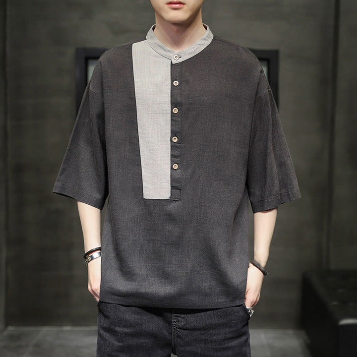 Buddha Stones Summer Half Buttons Color Matching Design Half Sleeve Men's Cotton Linen Shirt