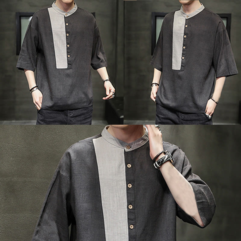Buddha Stones Summer Half Buttons Color Matching Design Half Sleeve Men's Cotton Linen Shirt