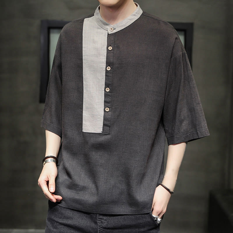Buddha Stones Summer Half Buttons Color Matching Design Half Sleeve Men's Cotton Linen Shirt