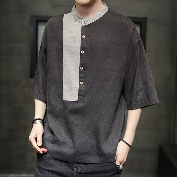 Buddha Stones Summer Half Buttons Color Matching Design Half Sleeve Men's Cotton Linen Shirt