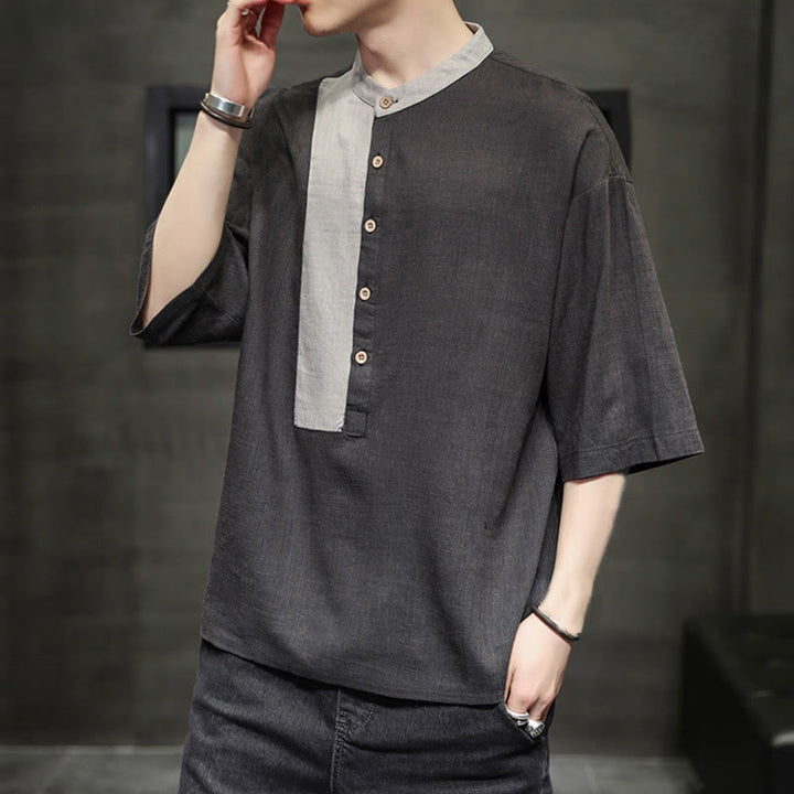 Buddha Stones Summer Half Buttons Color Matching Design Half Sleeve Men's Cotton Linen Shirt