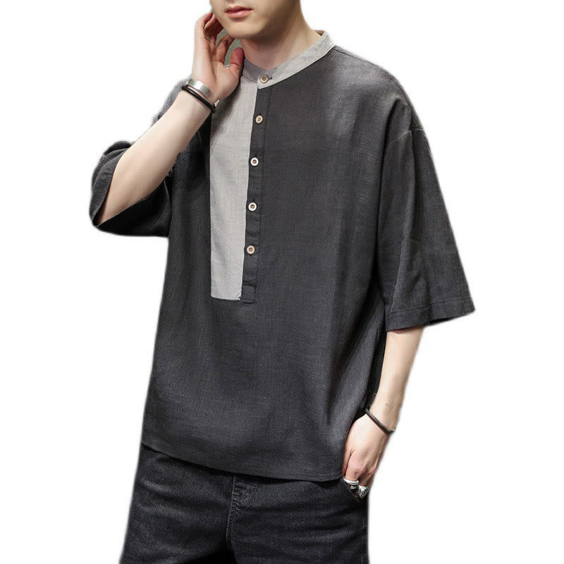 Buddha Stones Summer Half Buttons Color Matching Design Half Sleeve Men's Cotton Linen Shirt