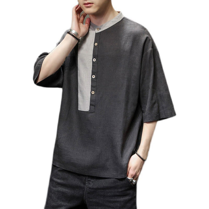 Buddha Stones Summer Half Buttons Color Matching Design Half Sleeve Men's Cotton Linen Shirt