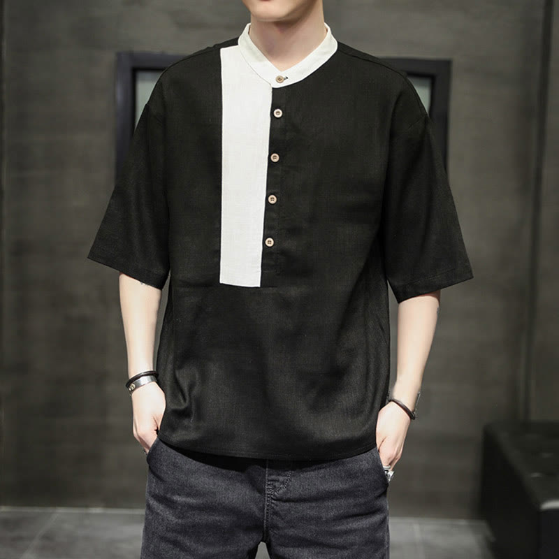Buddha Stones Summer Half Buttons Color Matching Design Half Sleeve Men's Cotton Linen Shirt