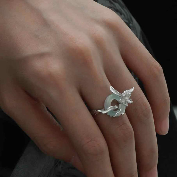 Buddha Stones 925 Sterling Silver Iris Design Peace Buckle Quartzite Jade Balance Ring - image 3