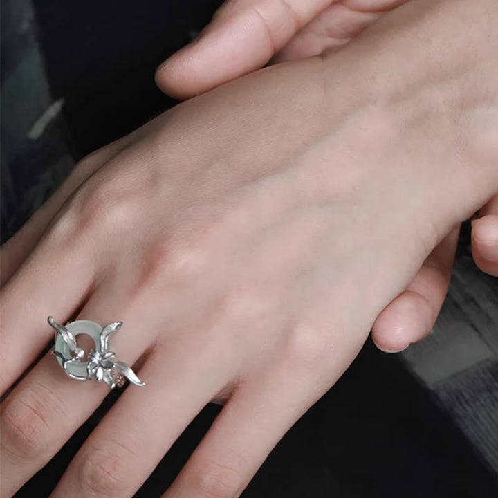 Buddha Stones 925 Sterling Silver Iris Design Peace Buckle Quartzite Jade Balance Ring - image 10