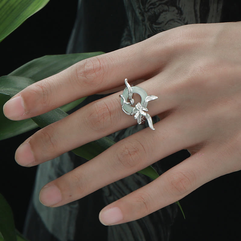 Buddha Stones 925 Sterling Silver Iris Design Peace Buckle Quartzite Jade Balance Ring - image 4