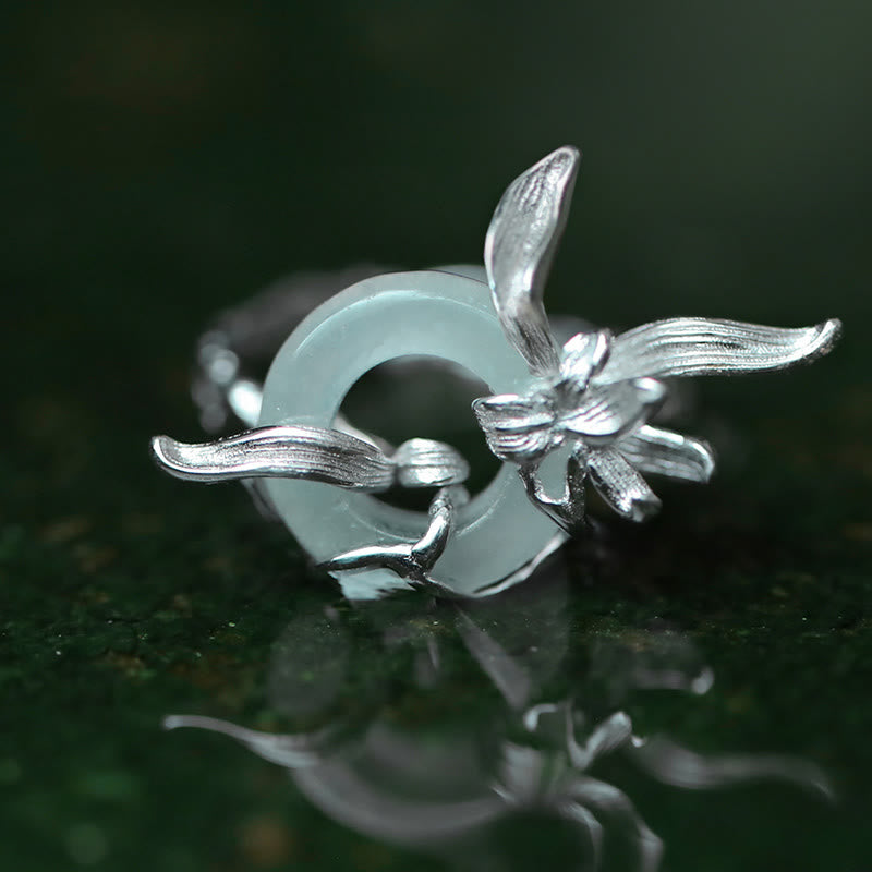 Buddha Stones 925 Sterling Silver Iris Design Peace Buckle Quartzite Jade Balance Ring - Quartzite Jade(Ring Size: 52-58mm) - image 1