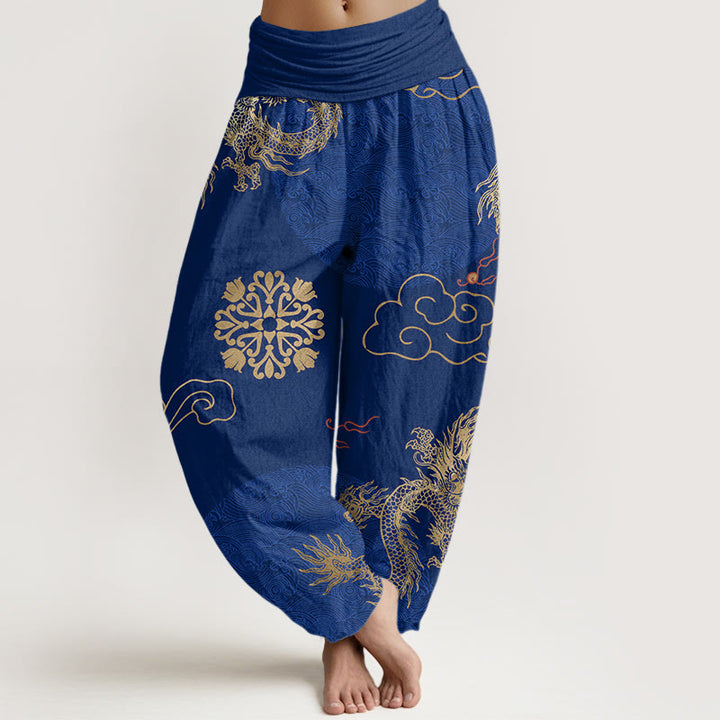 Buddha Stones Casual Golden Dragon And Auspicious Cloud Pattern Women's Elastic Waist Harem Pants - MediumBlue - US22,UK/AU26,EU54 (6XL) - image 8