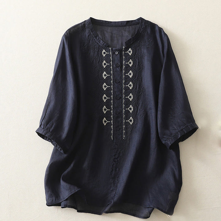 Buddha Stones Symmetrical Embroidery Cotton Linen Women's Half Sleeves Shirt - MidnightBlue - US8-10,UK/AU12-14,EU40-42 (2XL) - image 1