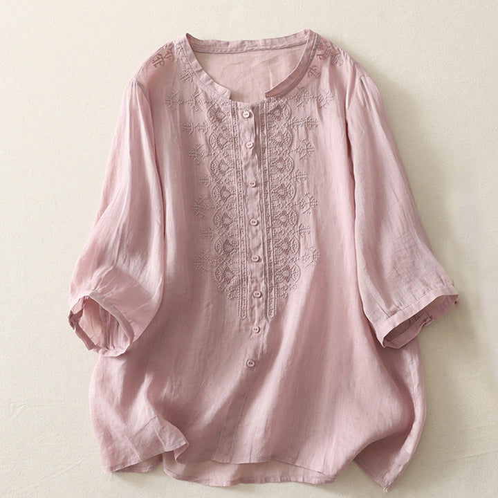 Buddha Stones Symmetrical Embroidery Cotton Linen Women's Half Sleeves Shirt - Pink - US8-10,UK/AU12-14,EU40-42 (2XL) - image 7