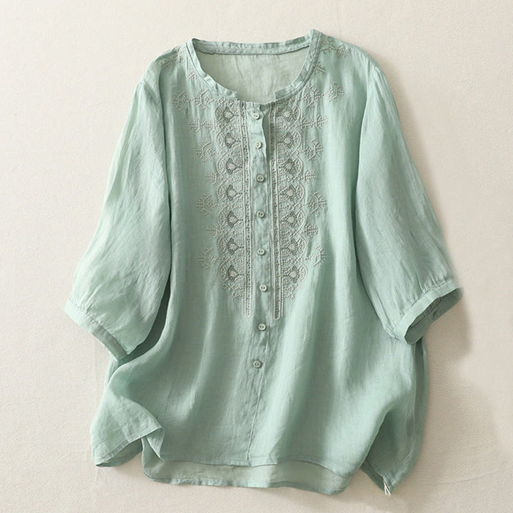 Buddha Stones Symmetrical Embroidery Cotton Linen Women's Half Sleeves Shirt - MediumAquamarine - US8-10,UK/AU12-14,EU40-42 (2XL) - image 13
