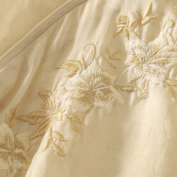 Buddha Stones Embroidery Frog-Button Mandarin Collar Cotton Women's Half Sleeves Shirt - image 6