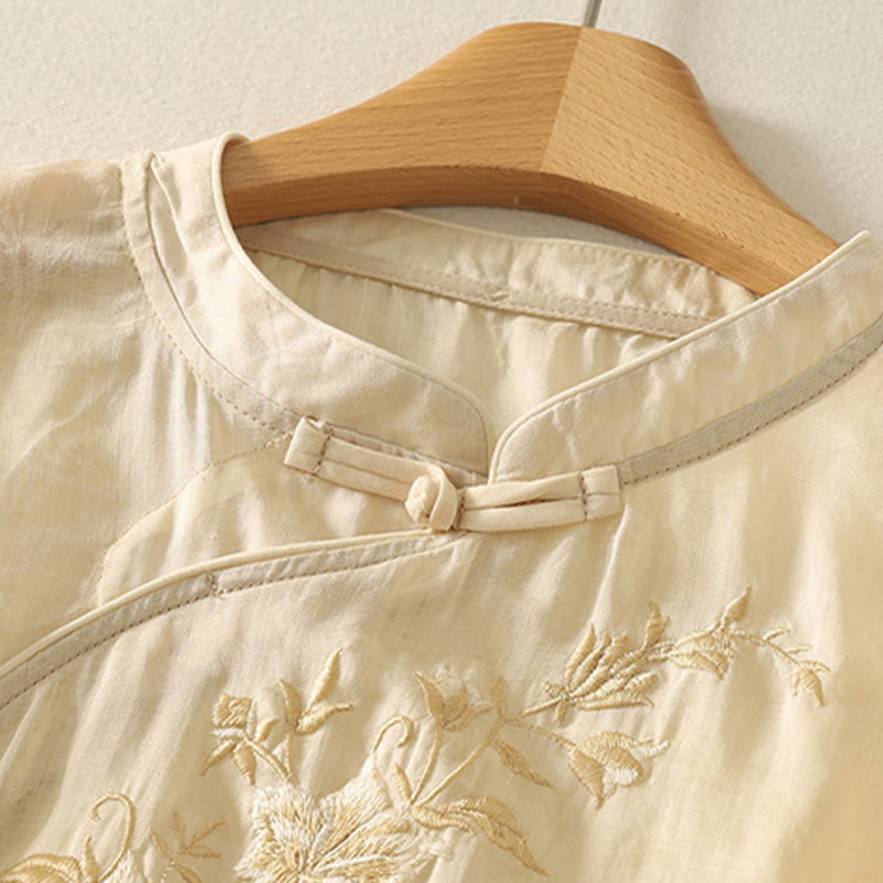 Buddha Stones Embroidery Frog-Button Mandarin Collar Cotton Women's Half Sleeves Shirt - image 3