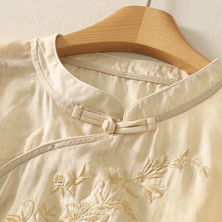 Buddha Stones Embroidery Frog-Button Mandarin Collar Cotton Women's Half Sleeves Shirt - image 3