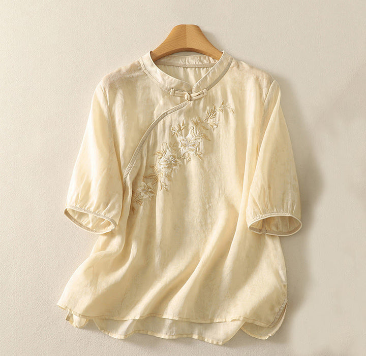 Buddha Stones Embroidery Frog-Button Mandarin Collar Cotton Women's Half Sleeves Shirt - LemonChiffon - US14,UK/AU18,EU46 (2XL) - image 1