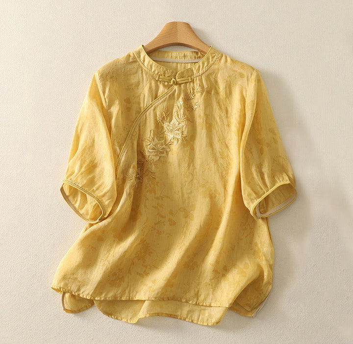 Buddha Stones Embroidery Frog-Button Mandarin Collar Cotton Women's Half Sleeves Shirt - Gold - US14,UK/AU18,EU46 (2XL) - image 7