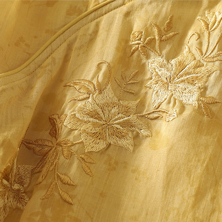 Buddha Stones Embroidery Frog-Button Mandarin Collar Cotton Women's Half Sleeves Shirt - image 11