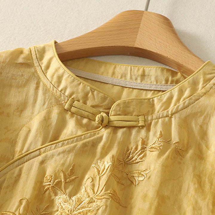 Buddha Stones Embroidery Frog-Button Mandarin Collar Cotton Women's Half Sleeves Shirt - image 9