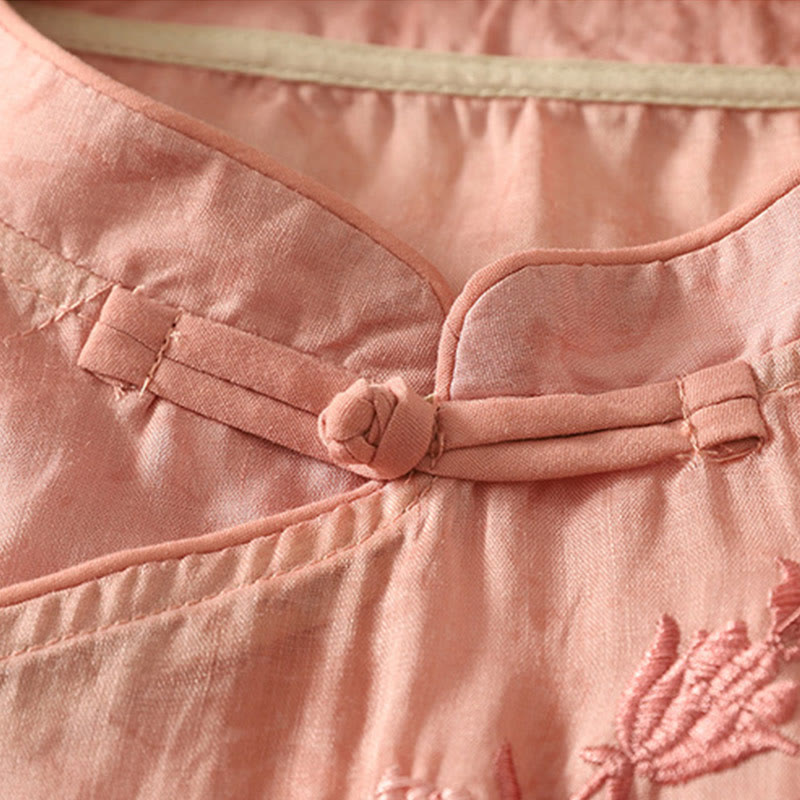 Buddha Stones Embroidery Frog-Button Mandarin Collar Cotton Women's Half Sleeves Shirt - image 22