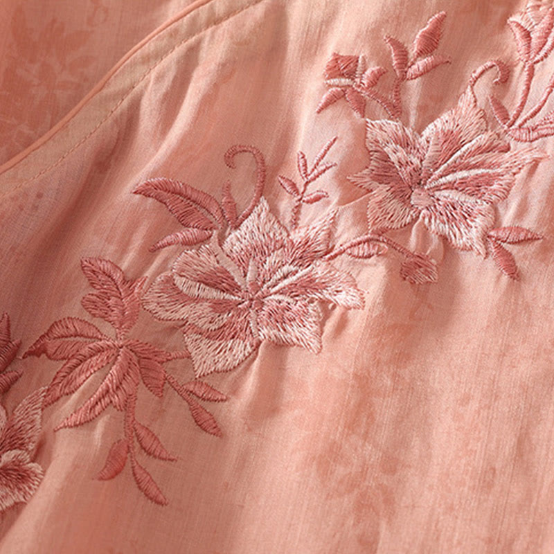 Buddha Stones Embroidery Frog-Button Mandarin Collar Cotton Women's Half Sleeves Shirt - image 18