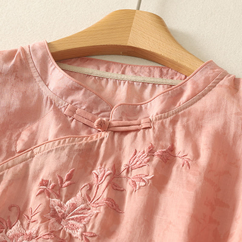 Buddha Stones Embroidery Frog-Button Mandarin Collar Cotton Women's Half Sleeves Shirt - image 23